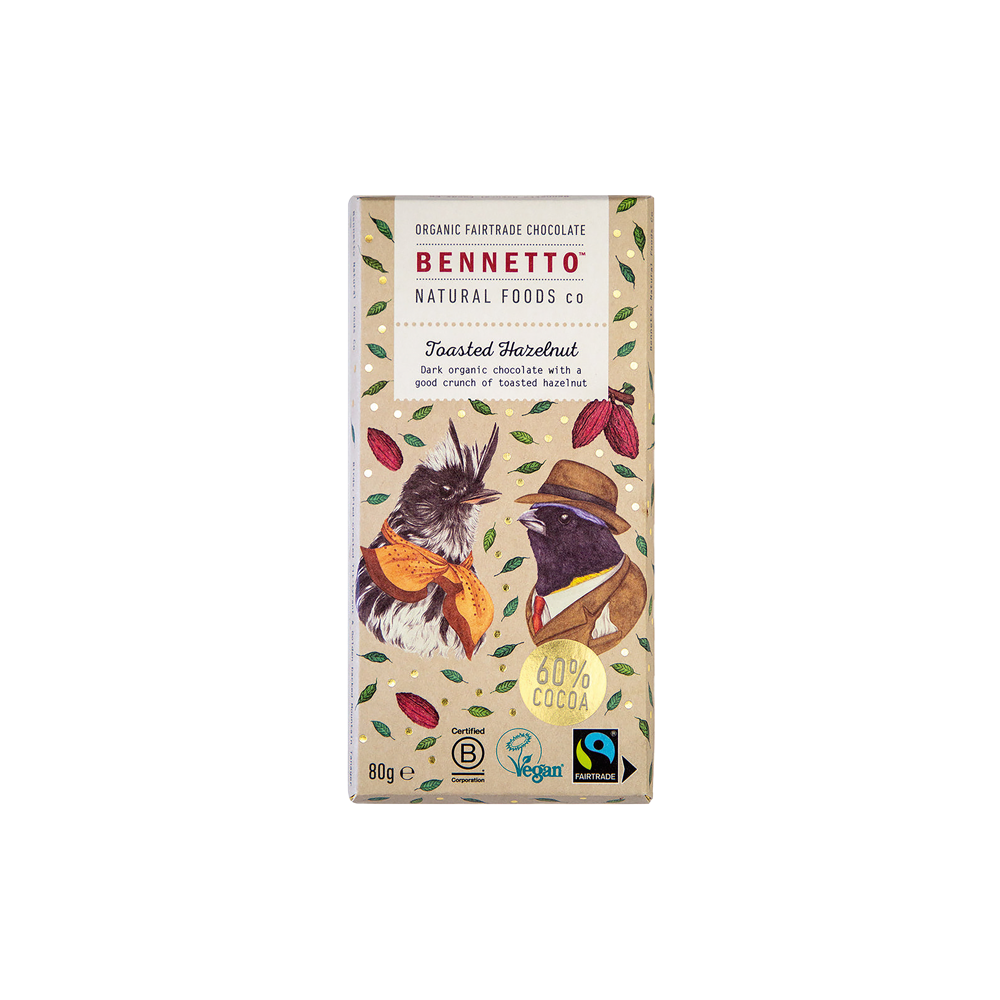 Bennetto 60% Dark Chocolate Bar With Toasted Hazelnut 80g