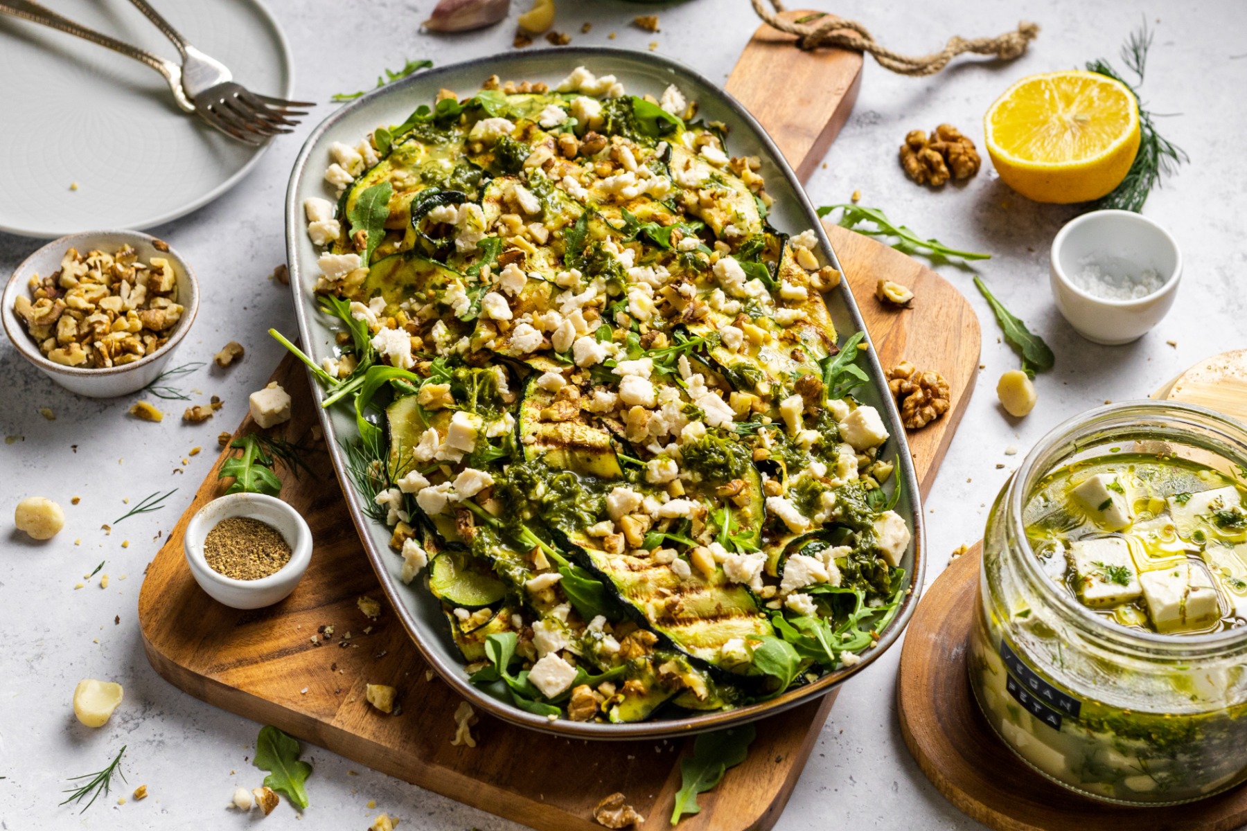 Grilled Courgette & Walnut Salad with Macadamia Feta