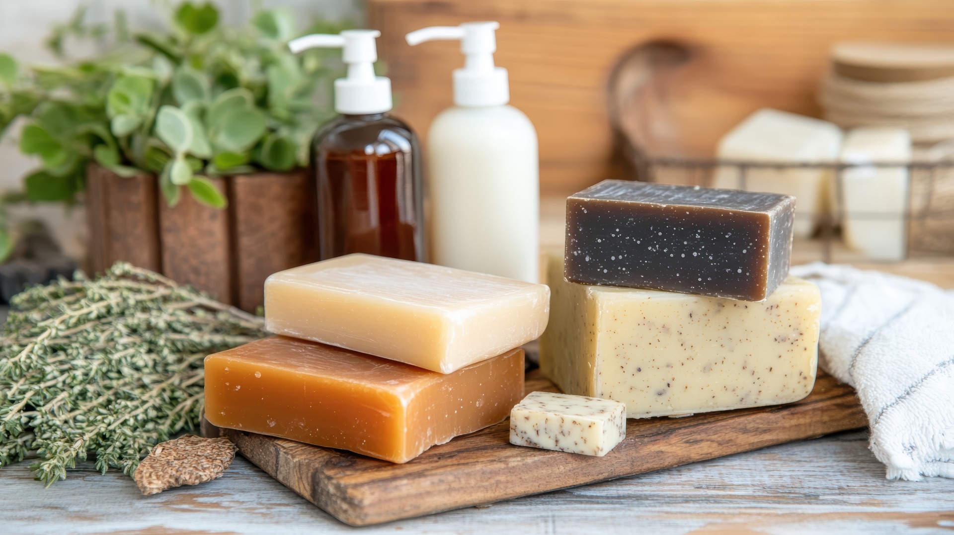 Natural homemade skincare on a wooden board 