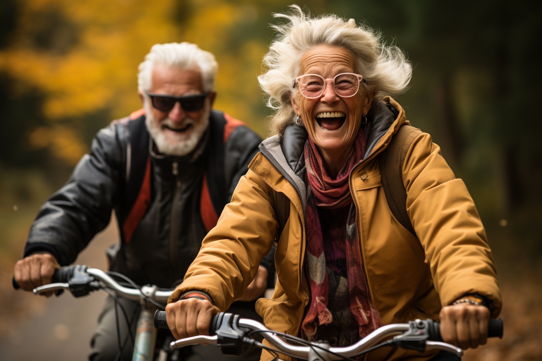 Man and woman smiling cycling