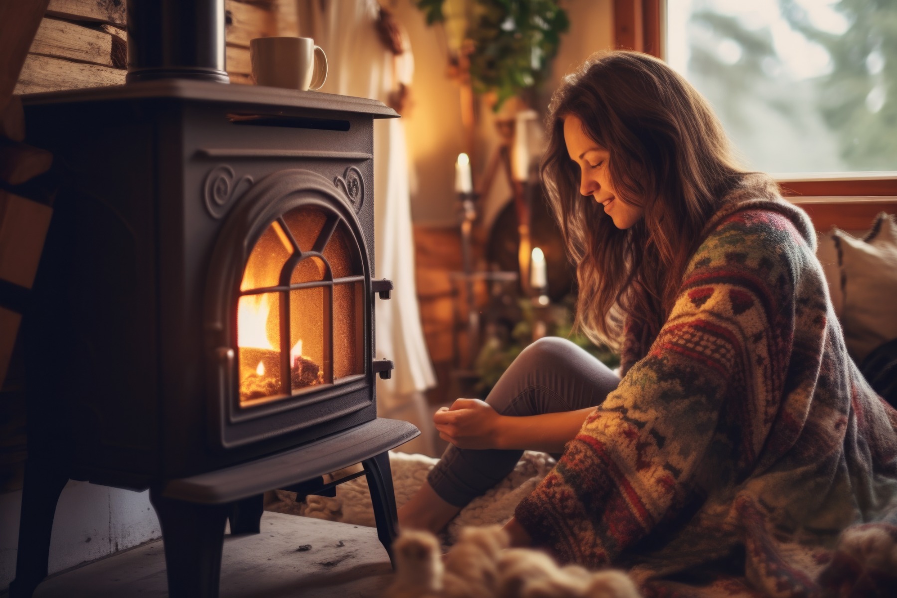 Lady by a log burner warming up in the winter 