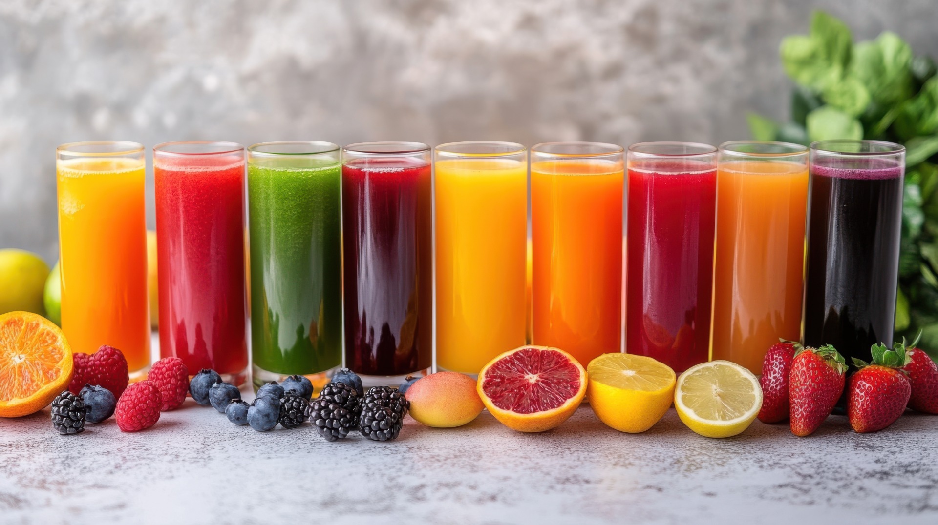 A variety of colour juices and smoothies with fruit by the side of them 